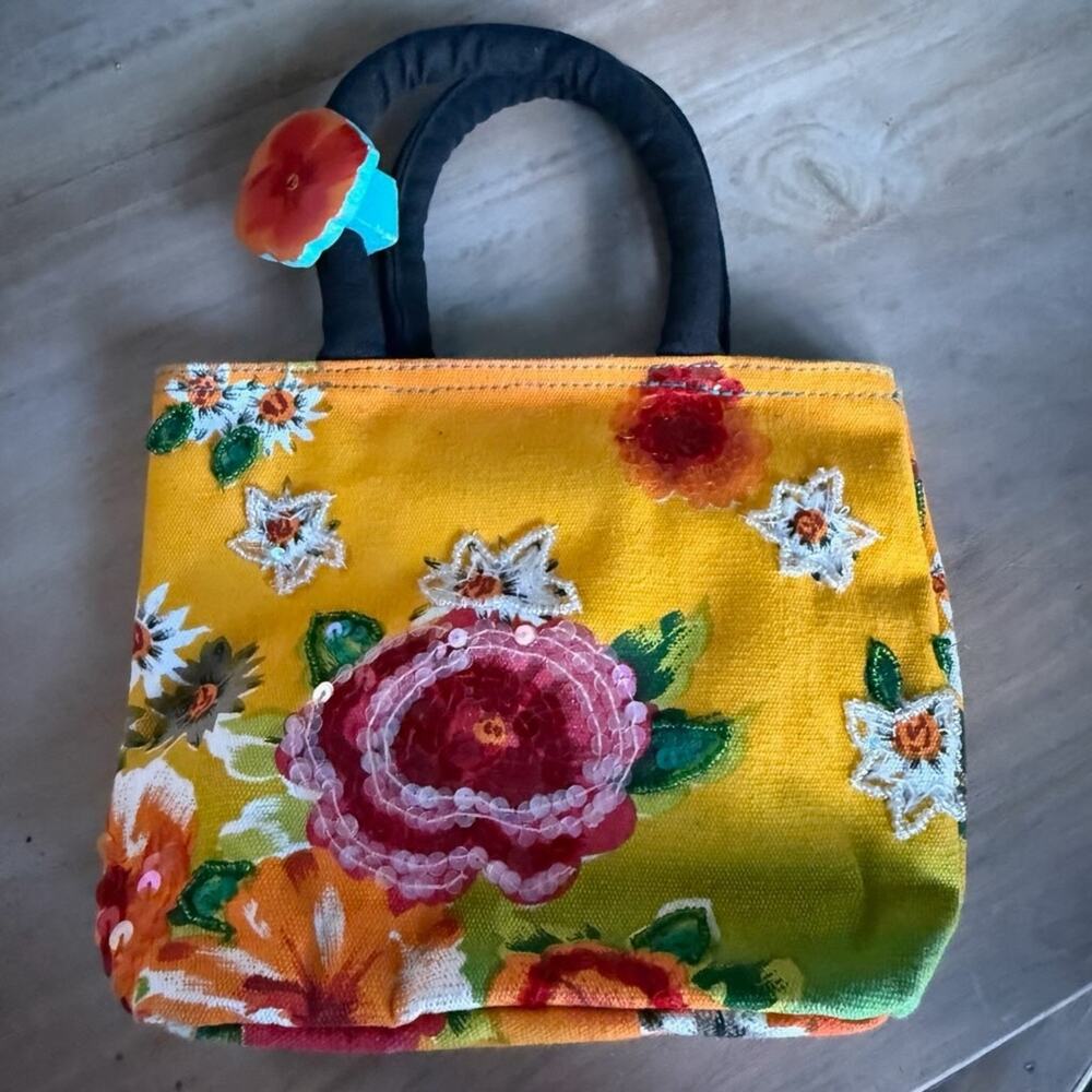 Boho Floral Embroidered Canvas Tote Bag Yellow Turquoise Sequin Handbag